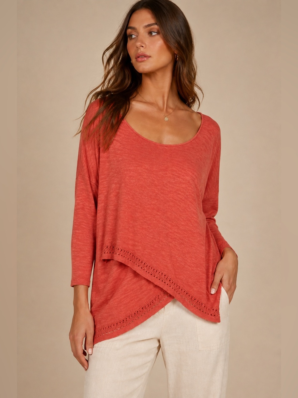 Moth • Coral Crossover Lightweight Knit Top • Size Small
